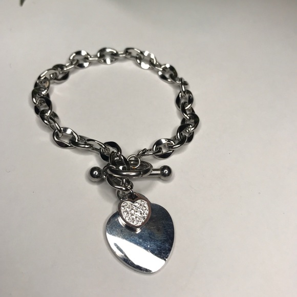 Stainless Steel Double Heart Pendants Link Bracelet Women’s Toggle Women Size 8” - Picture 2 of 9